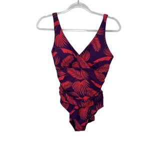 Boden One Piece Swimsuit Ruched‎ Tropical Palm Leaf Print Purple Red US 8